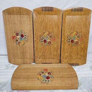 Vintage Haskelite Lithographed Floral Serving Trays Set of 4 Wood ‎ Retro 16x8